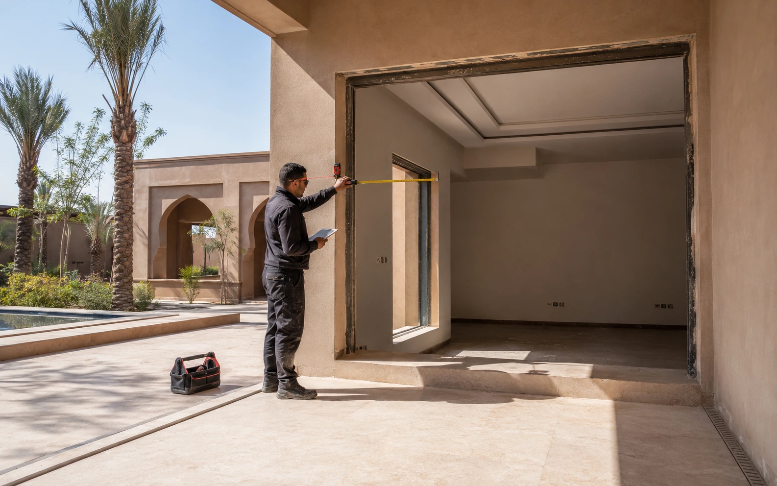 Technicien contrôlant une baie vitrée aluminium dans une villa à Marrakech