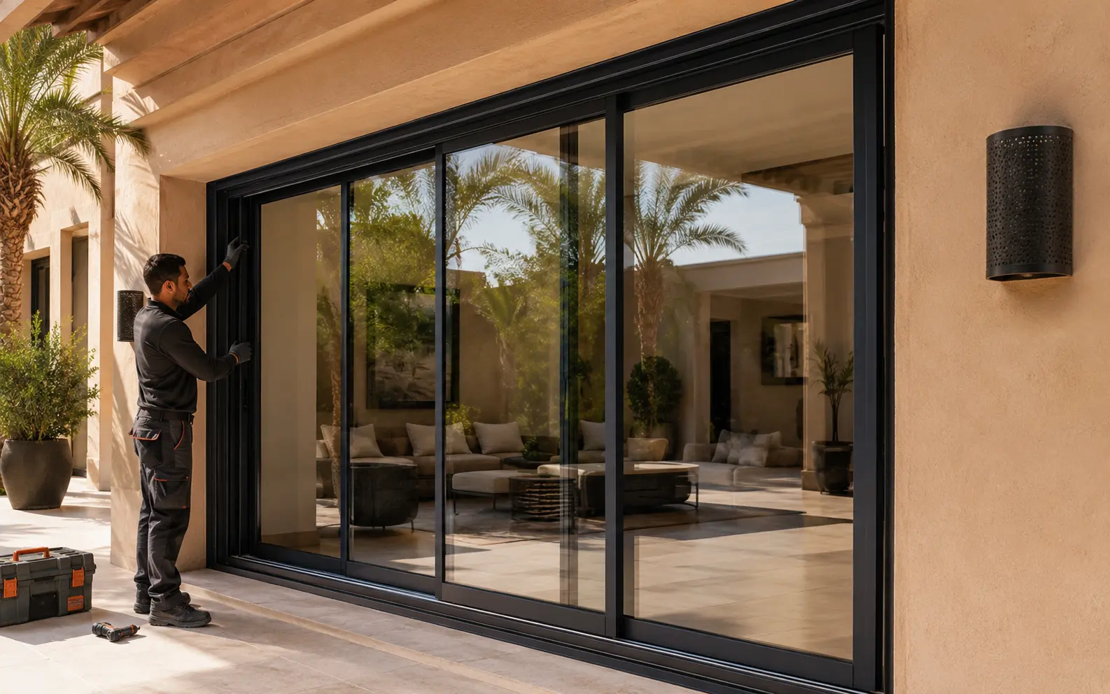 Technicien installant une baie vitrée aluminium dans une villa à Marrakech